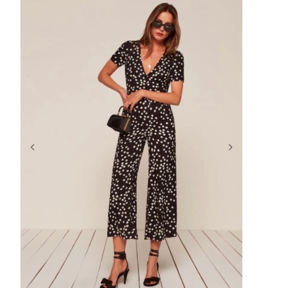 Reformation Black and White Flower Short-Sleeve Jumpsuit